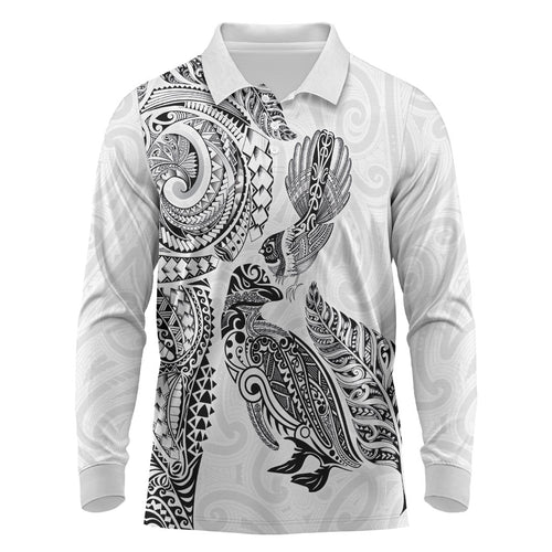 Aotearoa Moko Tribal Tattoo Long Sleeve Polo Shirt New Zealand Maori Penguin and Fantail White Color