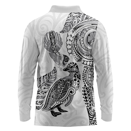 Aotearoa Moko Tribal Tattoo Long Sleeve Polo Shirt New Zealand Maori Penguin and Fantail White Color