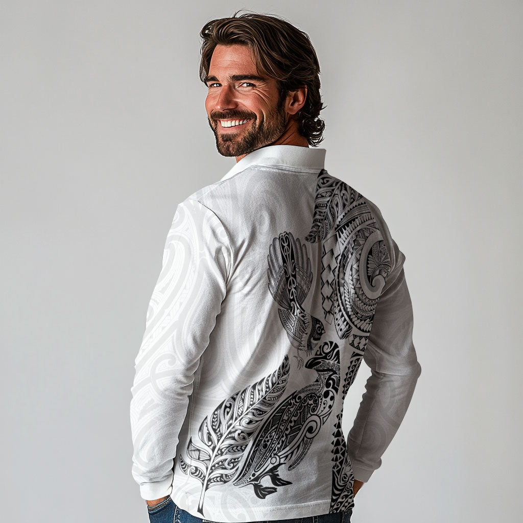 Aotearoa Moko Tribal Tattoo Long Sleeve Polo Shirt New Zealand Maori Penguin and Fantail White Color
