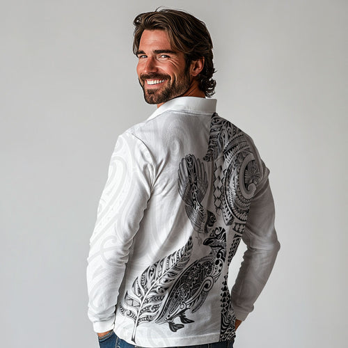 Aotearoa Moko Tribal Tattoo Long Sleeve Polo Shirt New Zealand Maori Penguin and Fantail White Color