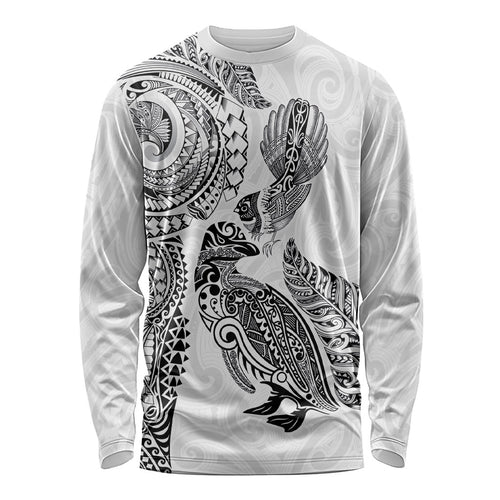 Aotearoa Moko Tribal Tattoo Long Sleeve Shirt New Zealand Maori Penguin and Fantail White Color