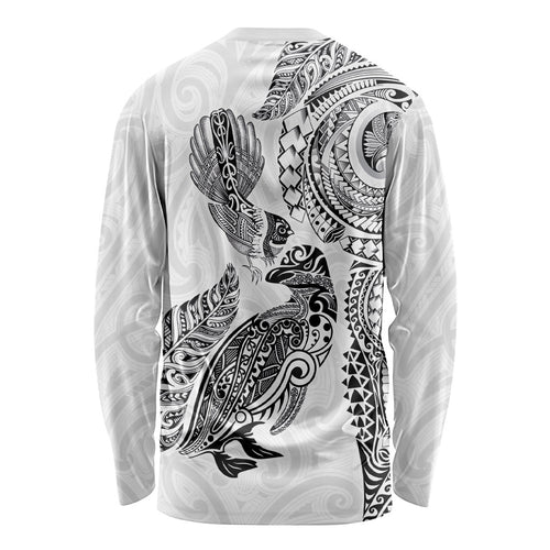 Aotearoa Moko Tribal Tattoo Long Sleeve Shirt New Zealand Maori Penguin and Fantail White Color