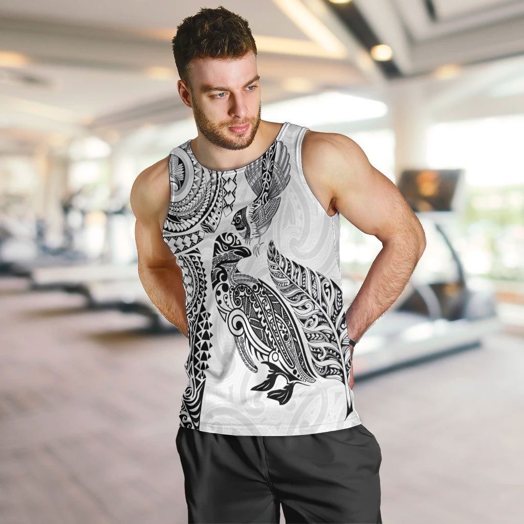 Aotearoa Moko Tribal Tattoo Men Tank Top New Zealand Maori Penguin and Fantail White Color