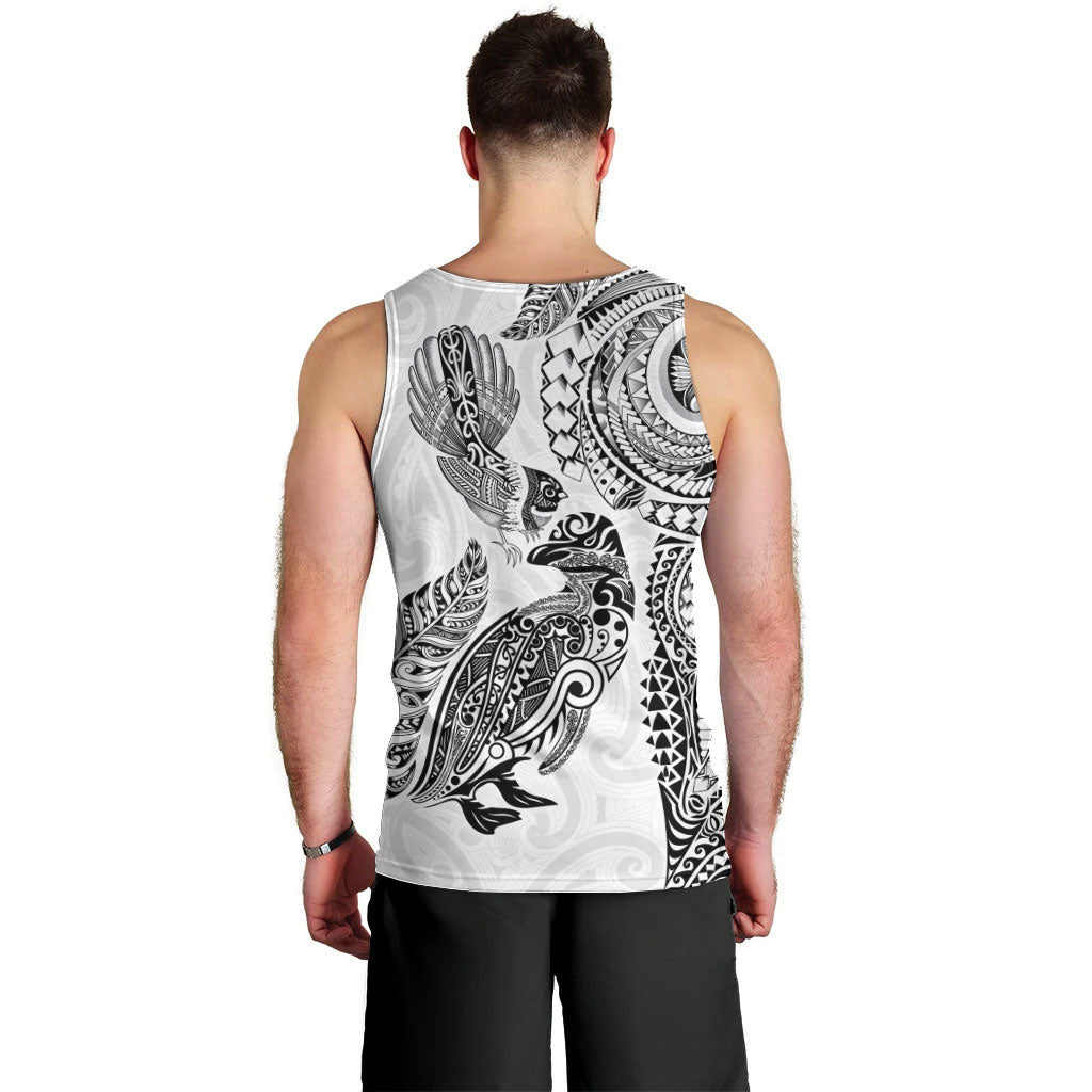Aotearoa Moko Tribal Tattoo Men Tank Top New Zealand Maori Penguin and Fantail White Color