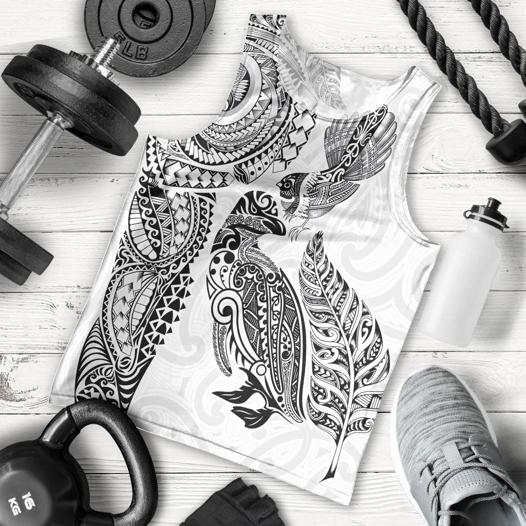 Aotearoa Moko Tribal Tattoo Men Tank Top New Zealand Maori Penguin and Fantail White Color