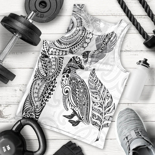 Aotearoa Moko Tribal Tattoo Men Tank Top New Zealand Maori Penguin and Fantail White Color