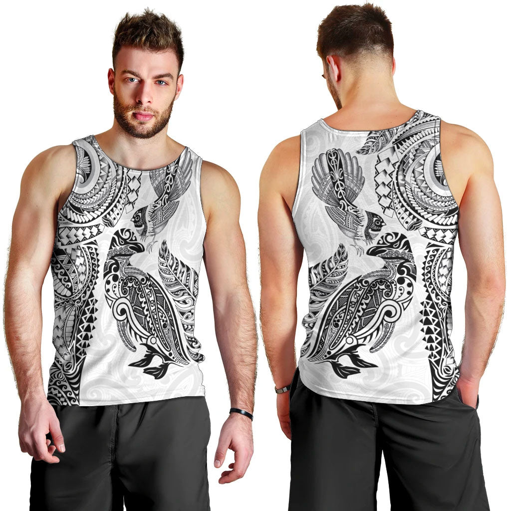 Aotearoa Moko Tribal Tattoo Men Tank Top New Zealand Maori Penguin and Fantail White Color