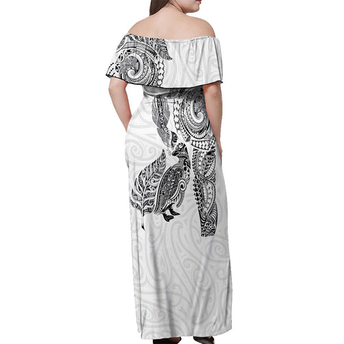 Aotearoa Moko Tribal Tattoo Off Shoulder Maxi Dress New Zealand Maori Penguin and Fantail White Color