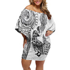 Aotearoa Moko Tribal Tattoo Off Shoulder Short Dress New Zealand Maori Penguin and Fantail White Color