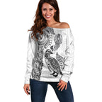 Aotearoa Moko Tribal Tattoo Off Shoulder Sweater New Zealand Maori Penguin and Fantail White Color