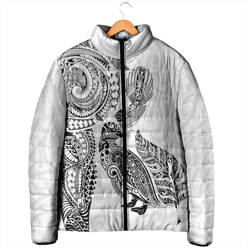Aotearoa Moko Tribal Tattoo Padded Jacket New Zealand Maori Penguin and Fantail White Color