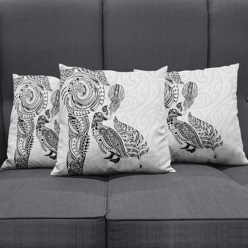 Aotearoa Moko Tribal Tattoo Pillow Cover New Zealand Maori Penguin and Fantail White Color