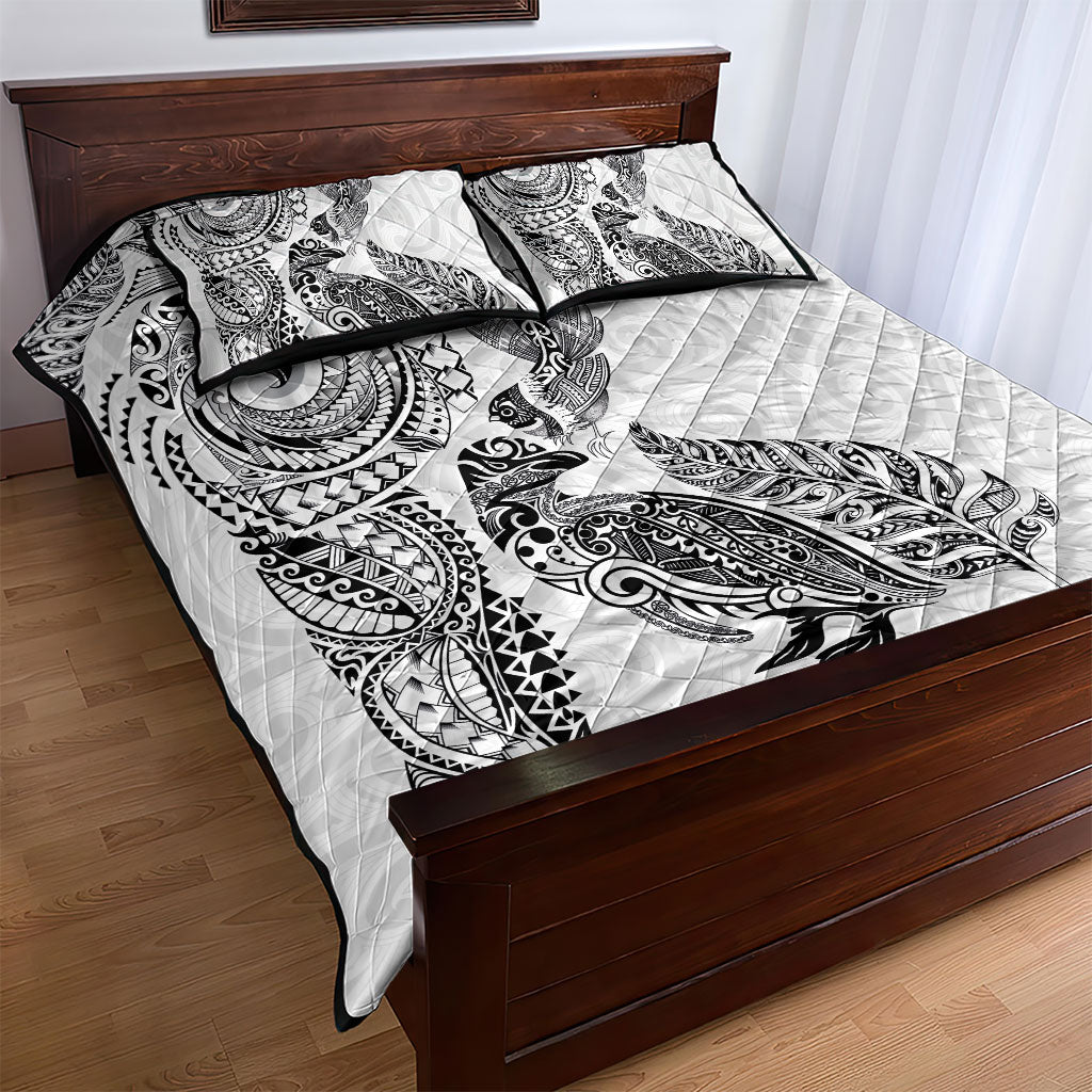 Aotearoa Moko Tribal Tattoo Quilt Bed Set New Zealand Maori Penguin and Fantail White Color