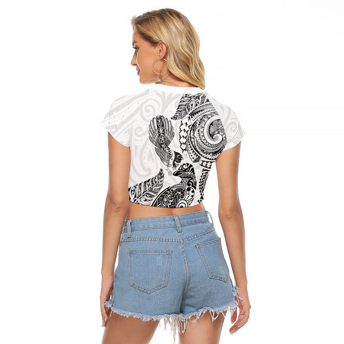 Aotearoa Moko Tribal Tattoo Raglan Cropped T Shirt New Zealand Maori Penguin and Fantail White Color