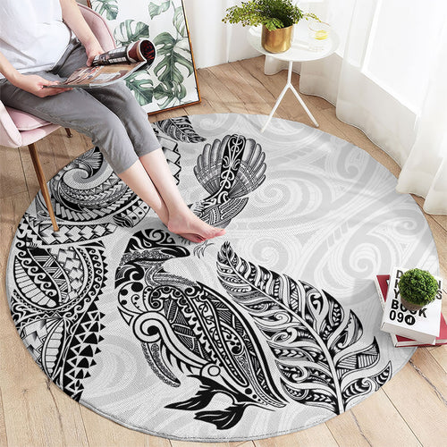 Aotearoa Moko Tribal Tattoo Round Carpet New Zealand Maori Penguin and Fantail White Color