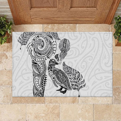 Aotearoa Moko Tribal Tattoo Rubber Doormat New Zealand Maori Penguin and Fantail White Color