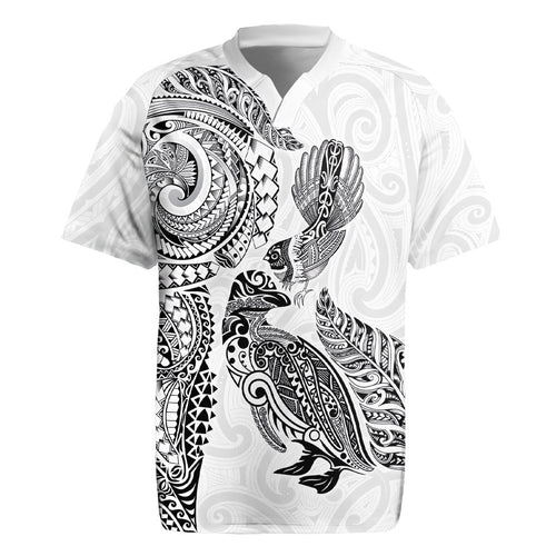 Aotearoa Moko Tribal Tattoo Rugby Jersey New Zealand Maori Penguin and Fantail White Color