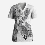 Aotearoa Moko Tribal Tattoo Scrub Top New Zealand Maori Penguin and Fantail White Color
