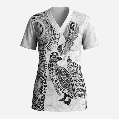 Aotearoa Moko Tribal Tattoo Scrub Top New Zealand Maori Penguin and Fantail White Color