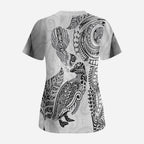 Aotearoa Moko Tribal Tattoo Scrub Top New Zealand Maori Penguin and Fantail White Color