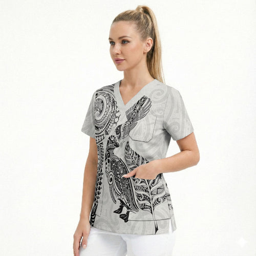 Aotearoa Moko Tribal Tattoo Scrub Top New Zealand Maori Penguin and Fantail White Color