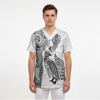 Aotearoa Moko Tribal Tattoo Scrub Top New Zealand Maori Penguin and Fantail White Color