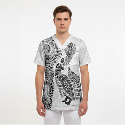 Aotearoa Moko Tribal Tattoo Scrub Top New Zealand Maori Penguin and Fantail White Color