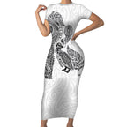 Aotearoa Moko Tribal Tattoo Short Sleeve Bodycon Dress New Zealand Maori Penguin and Fantail White Color