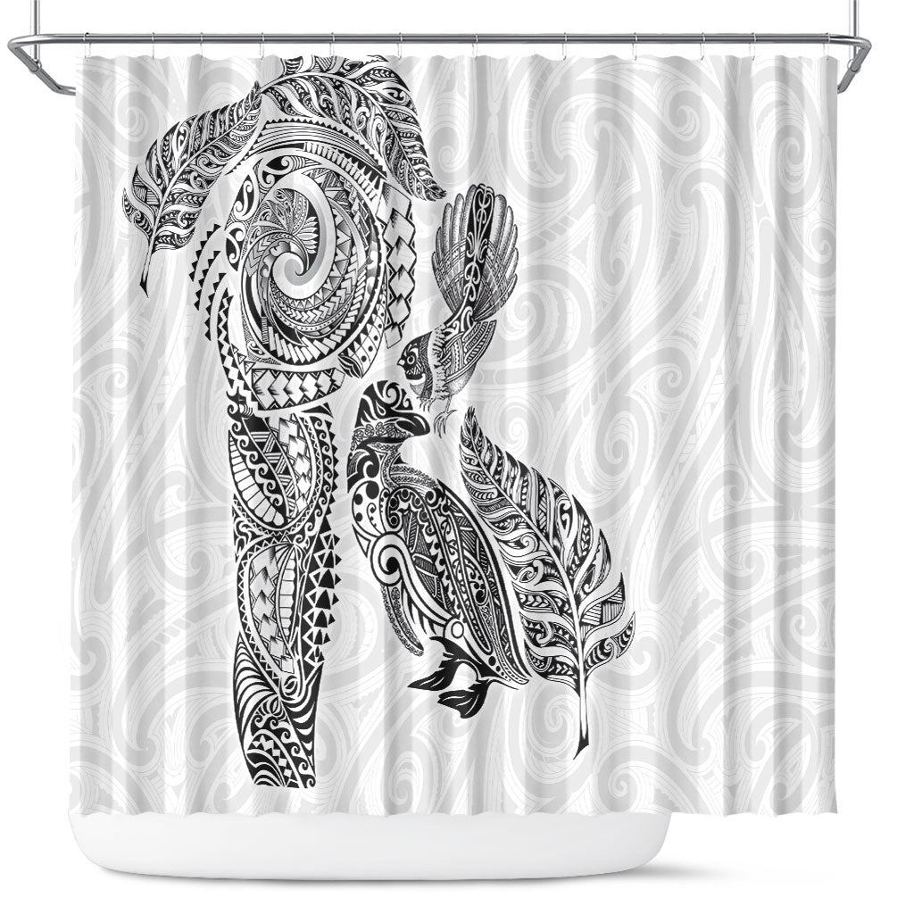 Aotearoa Moko Tribal Tattoo Shower Curtain New Zealand Maori Penguin and Fantail White Color