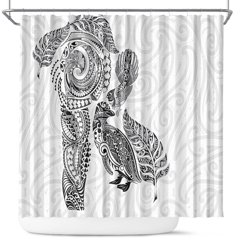 Aotearoa Moko Tribal Tattoo Shower Curtain New Zealand Maori Penguin and Fantail White Color