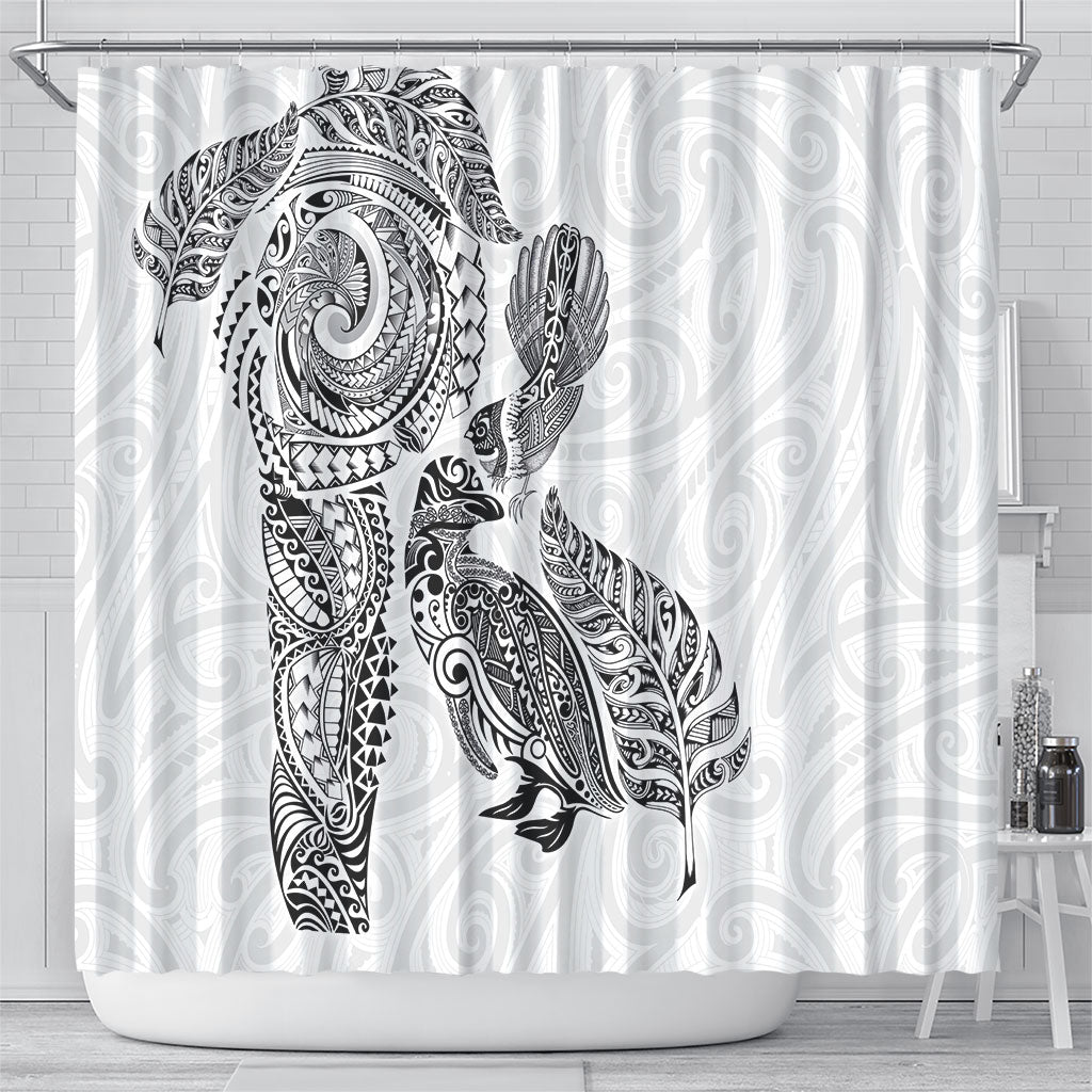 Aotearoa Moko Tribal Tattoo Shower Curtain New Zealand Maori Penguin and Fantail White Color