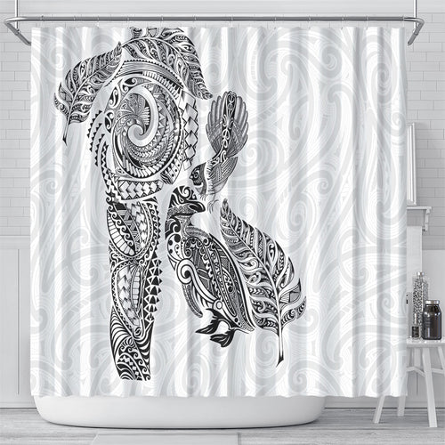 Aotearoa Moko Tribal Tattoo Shower Curtain New Zealand Maori Penguin and Fantail White Color