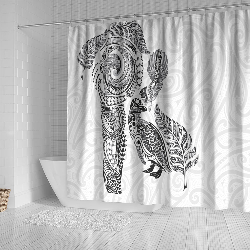 Aotearoa Moko Tribal Tattoo Shower Curtain New Zealand Maori Penguin and Fantail White Color