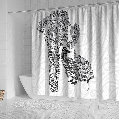 Aotearoa Moko Tribal Tattoo Shower Curtain New Zealand Maori Penguin and Fantail White Color