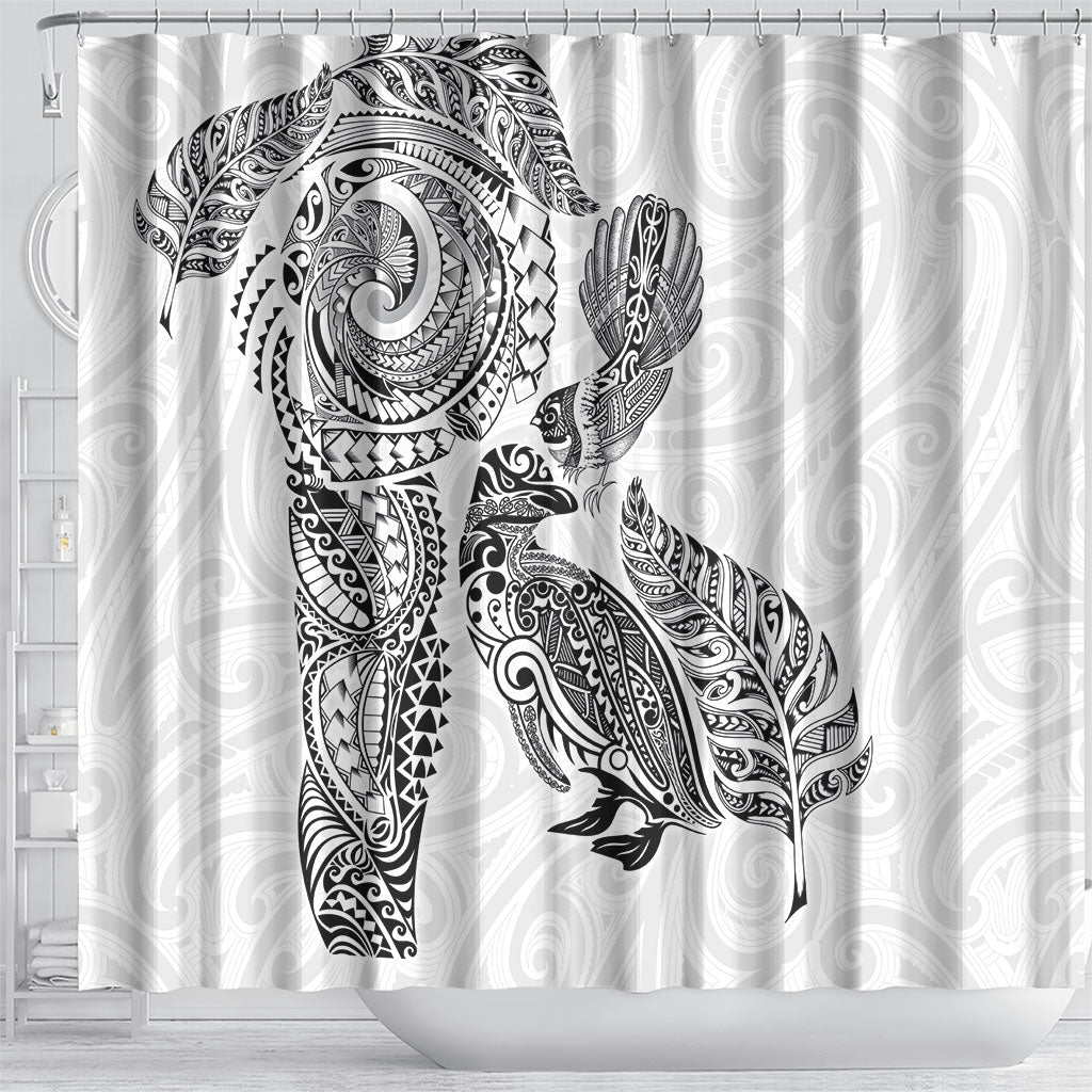Aotearoa Moko Tribal Tattoo Shower Curtain New Zealand Maori Penguin and Fantail White Color
