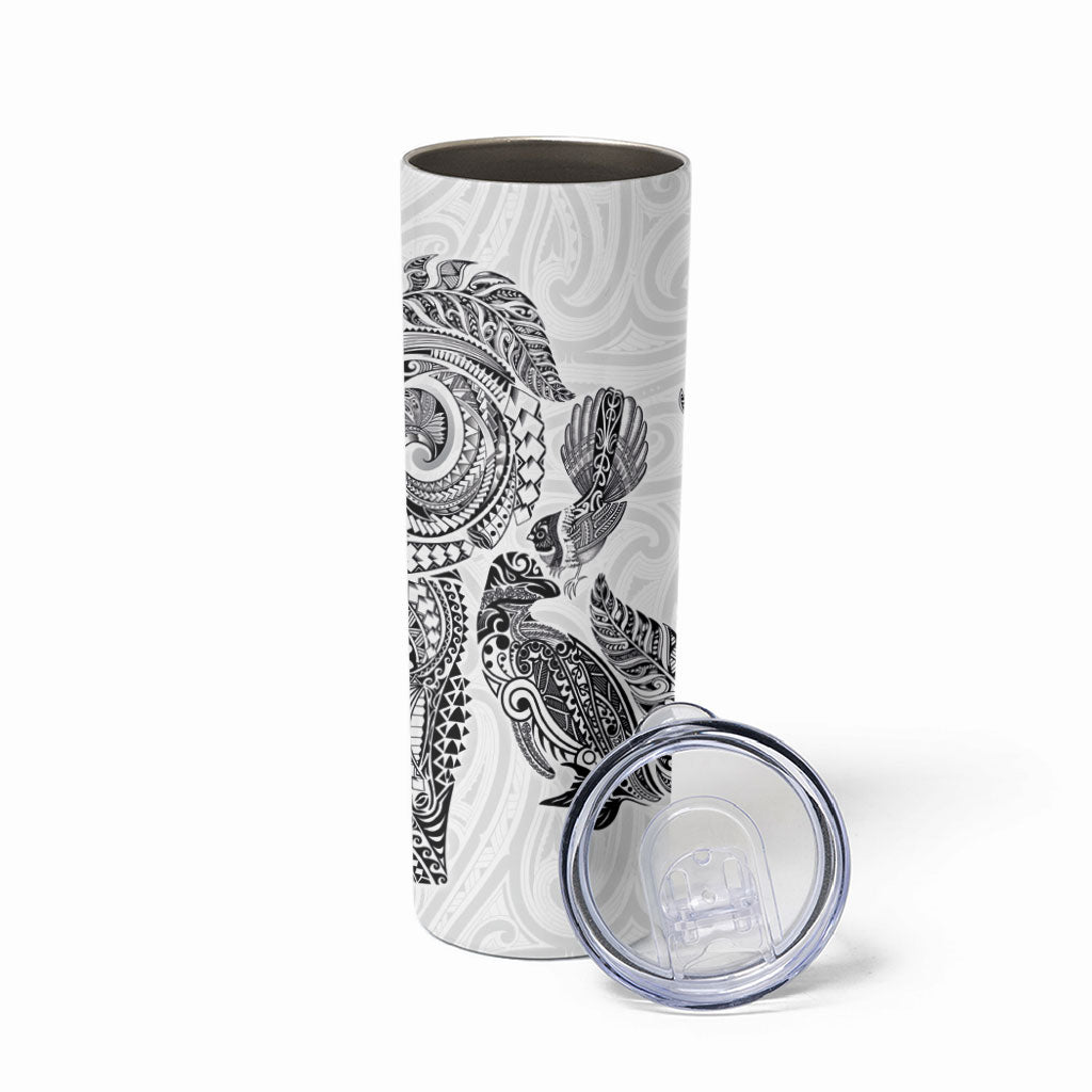 Aotearoa Moko Tribal Tattoo Skinny Tumbler New Zealand Maori Penguin and Fantail White Color