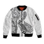 Aotearoa Moko Tribal Tattoo Sleeve Zip Bomber Jacket New Zealand Maori Penguin and Fantail White Color