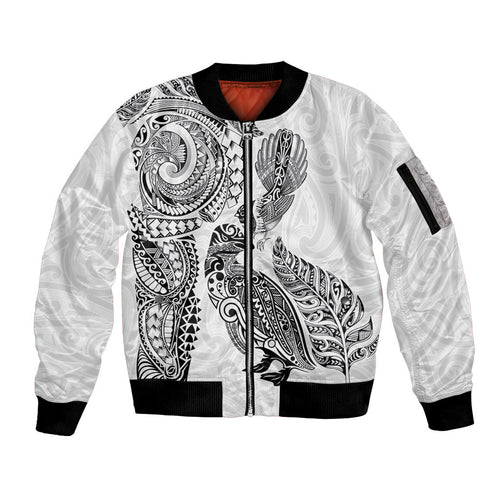 Aotearoa Moko Tribal Tattoo Sleeve Zip Bomber Jacket New Zealand Maori Penguin and Fantail White Color