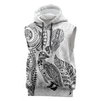 Aotearoa Moko Tribal Tattoo Sleeveless Hoodie New Zealand Maori Penguin and Fantail White Color