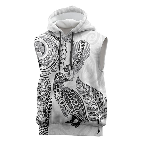 Aotearoa Moko Tribal Tattoo Sleeveless Hoodie New Zealand Maori Penguin and Fantail White Color