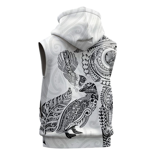 Aotearoa Moko Tribal Tattoo Sleeveless Hoodie New Zealand Maori Penguin and Fantail White Color