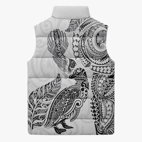 Aotearoa Moko Tribal Tattoo Sleeveless Puffer Jacket New Zealand Maori Penguin and Fantail White Color