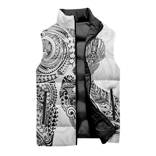 Aotearoa Moko Tribal Tattoo Sleeveless Puffer Jacket New Zealand Maori Penguin and Fantail White Color