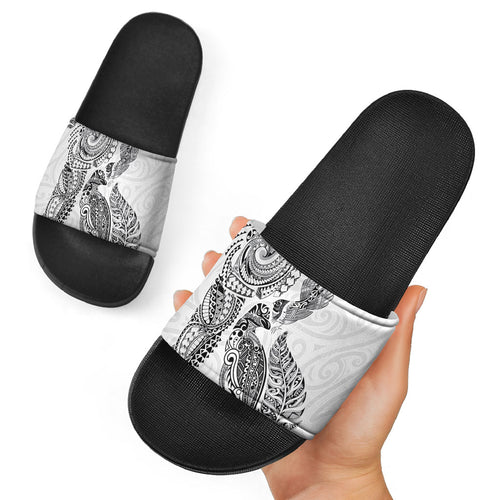 Aotearoa Moko Tribal Tattoo Slide Sandals New Zealand Maori Penguin and Fantail White Color