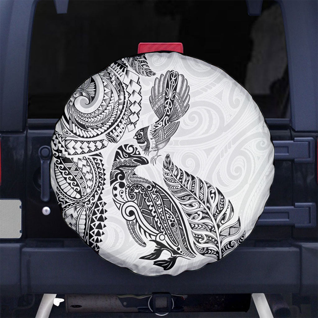 Aotearoa Moko Tribal Tattoo Spare Tire Cover New Zealand Maori Penguin and Fantail White Color