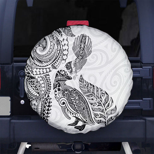 Aotearoa Moko Tribal Tattoo Spare Tire Cover New Zealand Maori Penguin and Fantail White Color
