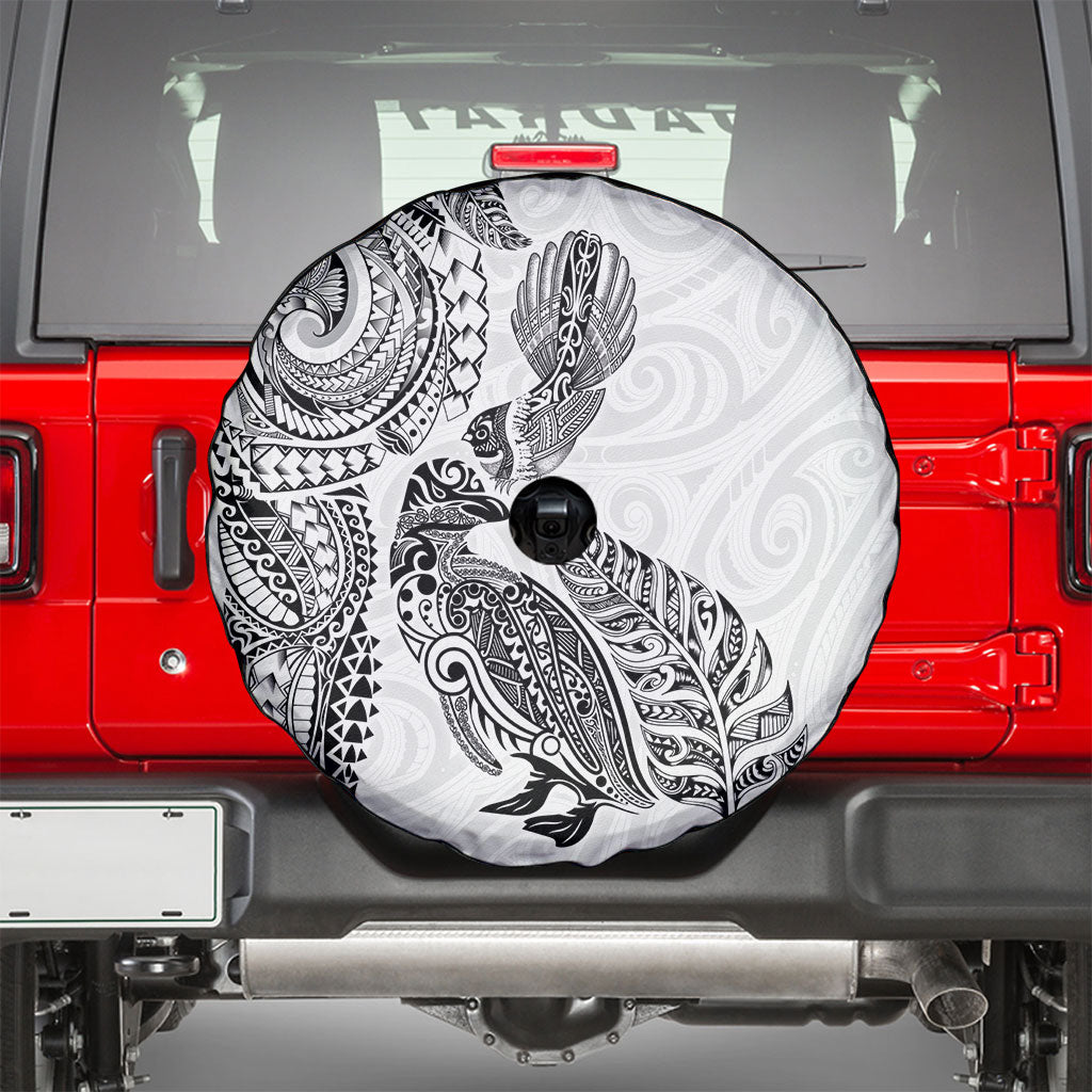 Aotearoa Moko Tribal Tattoo Spare Tire Cover New Zealand Maori Penguin and Fantail White Color