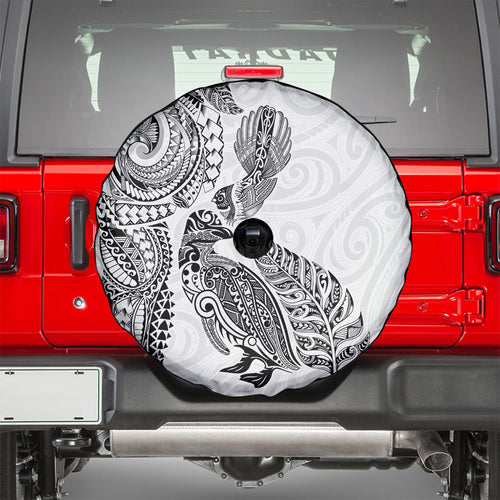 Aotearoa Moko Tribal Tattoo Spare Tire Cover New Zealand Maori Penguin and Fantail White Color