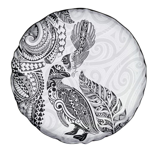 Aotearoa Moko Tribal Tattoo Spare Tire Cover New Zealand Maori Penguin and Fantail White Color