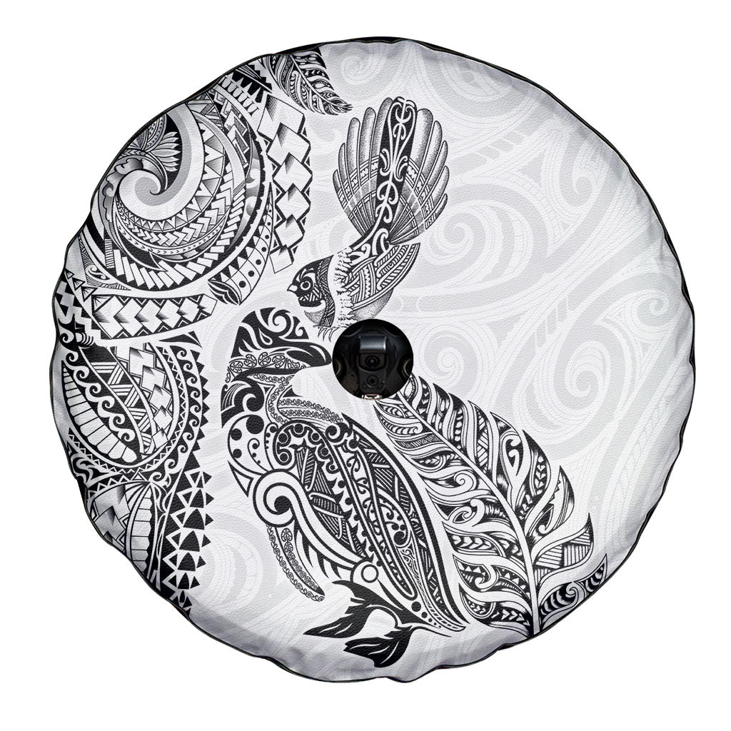 Aotearoa Moko Tribal Tattoo Spare Tire Cover New Zealand Maori Penguin and Fantail White Color